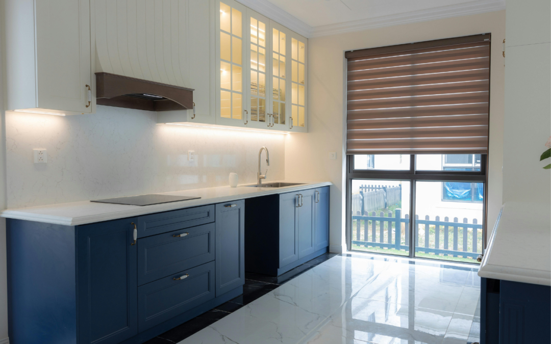 A blue and white kitchen
